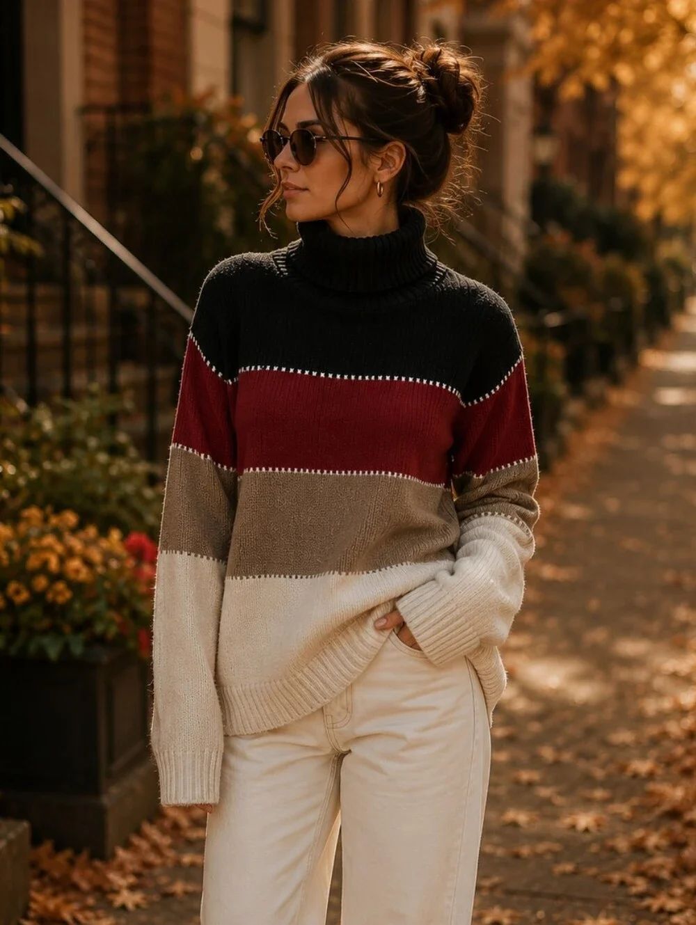 Colorblock Turtleneck Sweater - Black Red Tan White